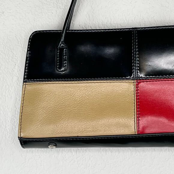 Colorblock Black Red Tan Faux Leather Shoulder Bag Handbag Purse Small - Picture 6 of 14